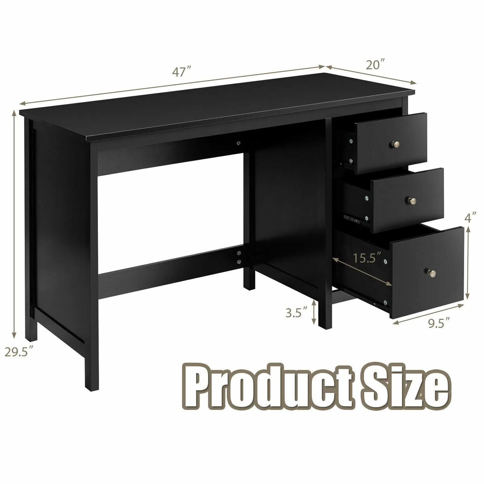 3 Drawer Computer Writing Desk - Black