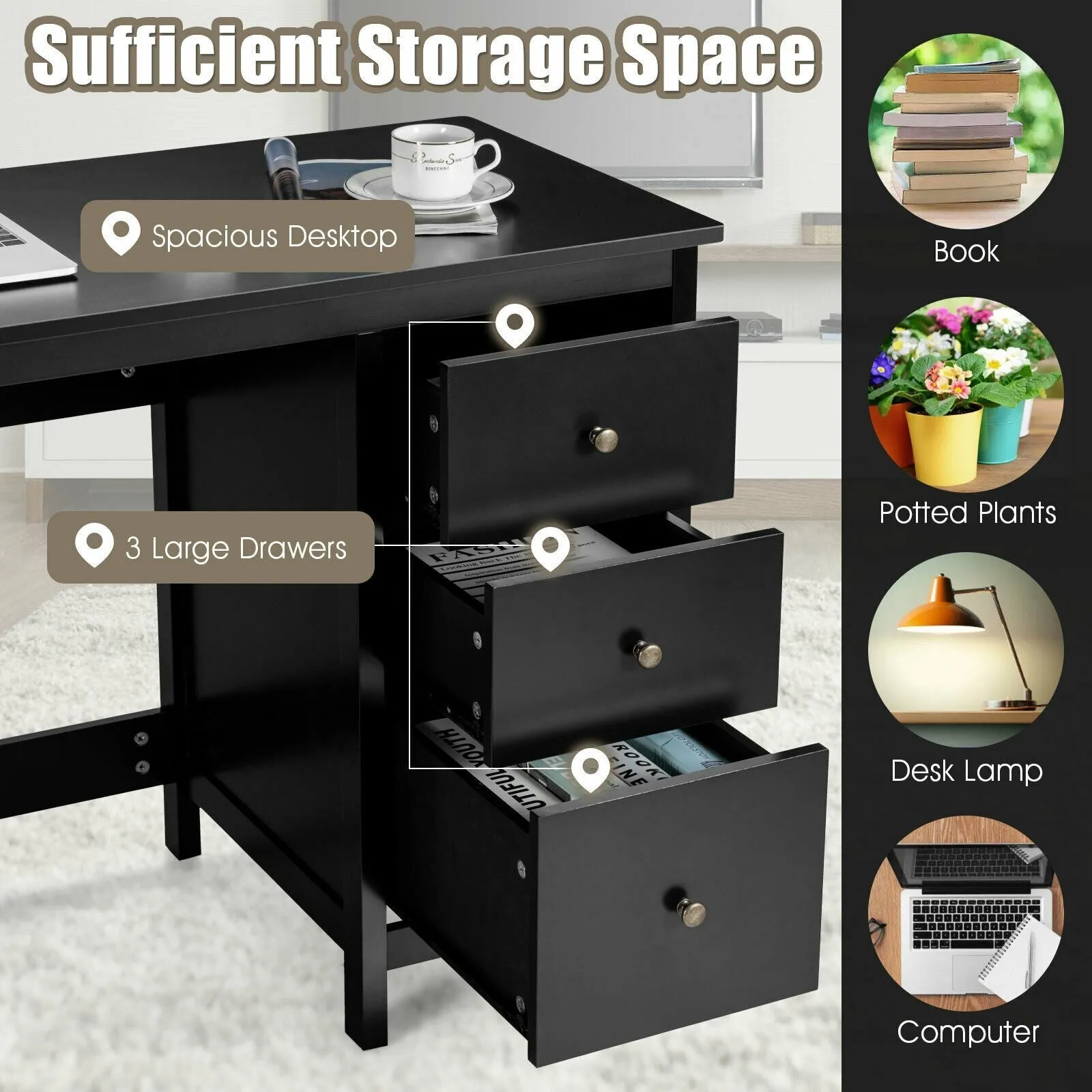 3 Drawer Computer Writing Desk - Black