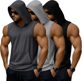 3 Pack Men's Big & Tall Workout Hooded Tank Tops, Cotton Sleeveless Gym Hoodies Bodybuilding Muscle Cut Off Shirts(Dark Gray, Light Gray, Black,Large)