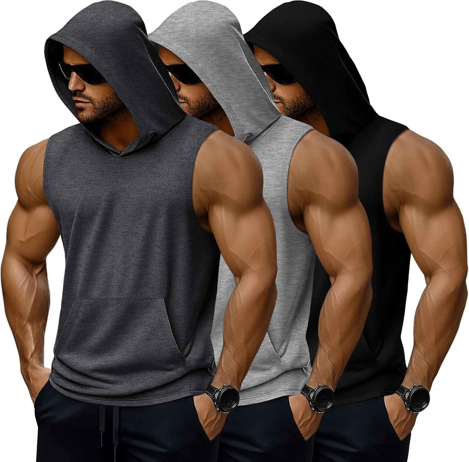 3 Pack Men's Big & Tall Workout Hooded Tank Tops, Cotton Sleeveless Gym Hoodies Bodybuilding Muscle Cut Off Shirts(Dark Gray, Light Gray, Black,Large)