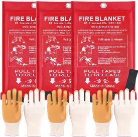 43 in Emergency Fire Blanket - 3 Pack Fire Suppression Blanket for Kitchen Home Fireplace Grill Office and 3 Pair Gloves