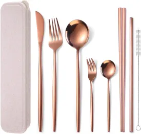 AARAINBOW 8 Pieces Stainless Steel Flatware Set Portable Reusable Cutlery Set Travel Utensils Set Including Chopsticks Knife Fork Spoon Straws Cleaning Brush Dishwasher Safe (Rose Golden)