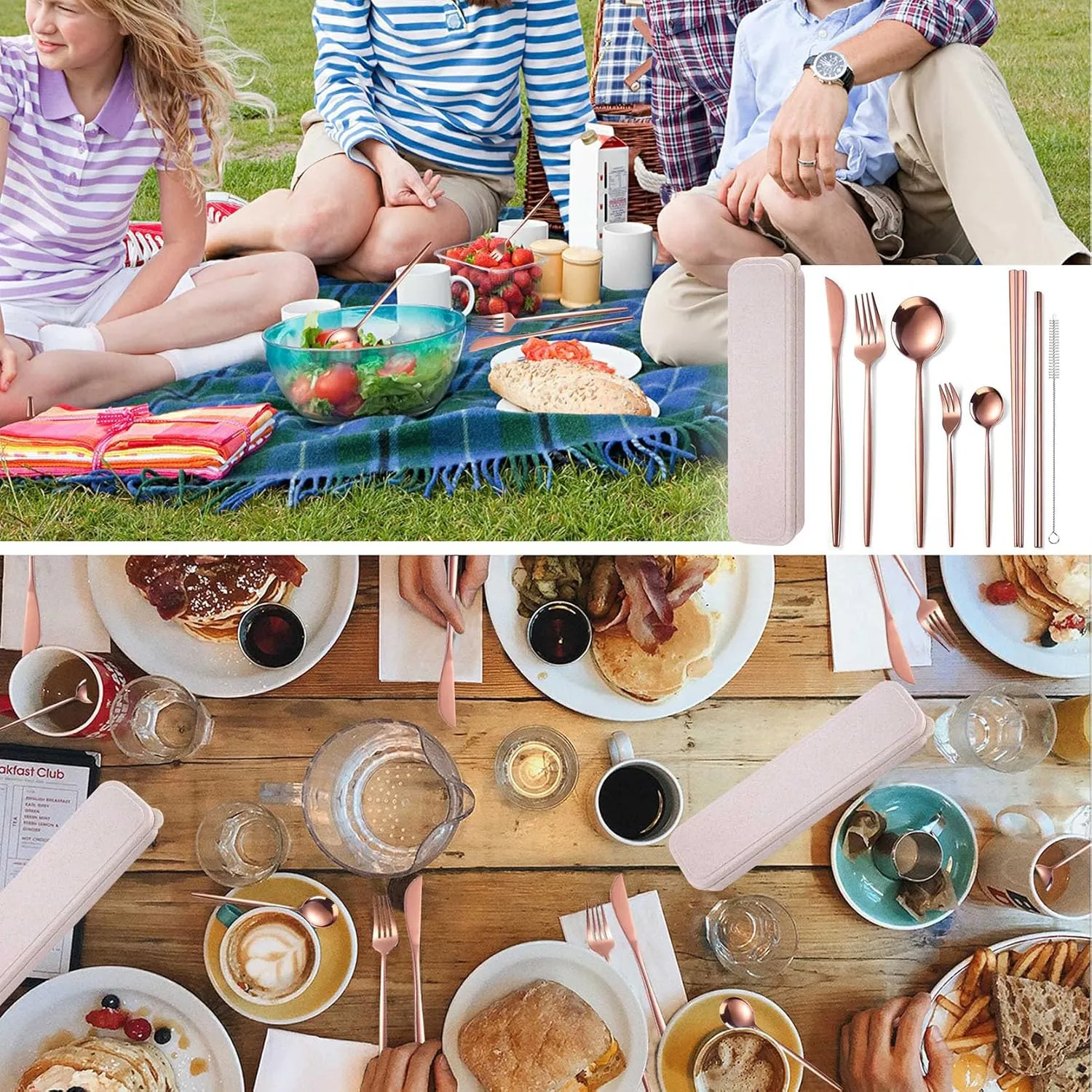 AARAINBOW 8 Pieces Stainless Steel Flatware Set Portable Reusable Cutlery Set Travel Utensils Set Including Chopsticks Knife Fork Spoon Straws Cleaning Brush Dishwasher Safe (Rose Golden)