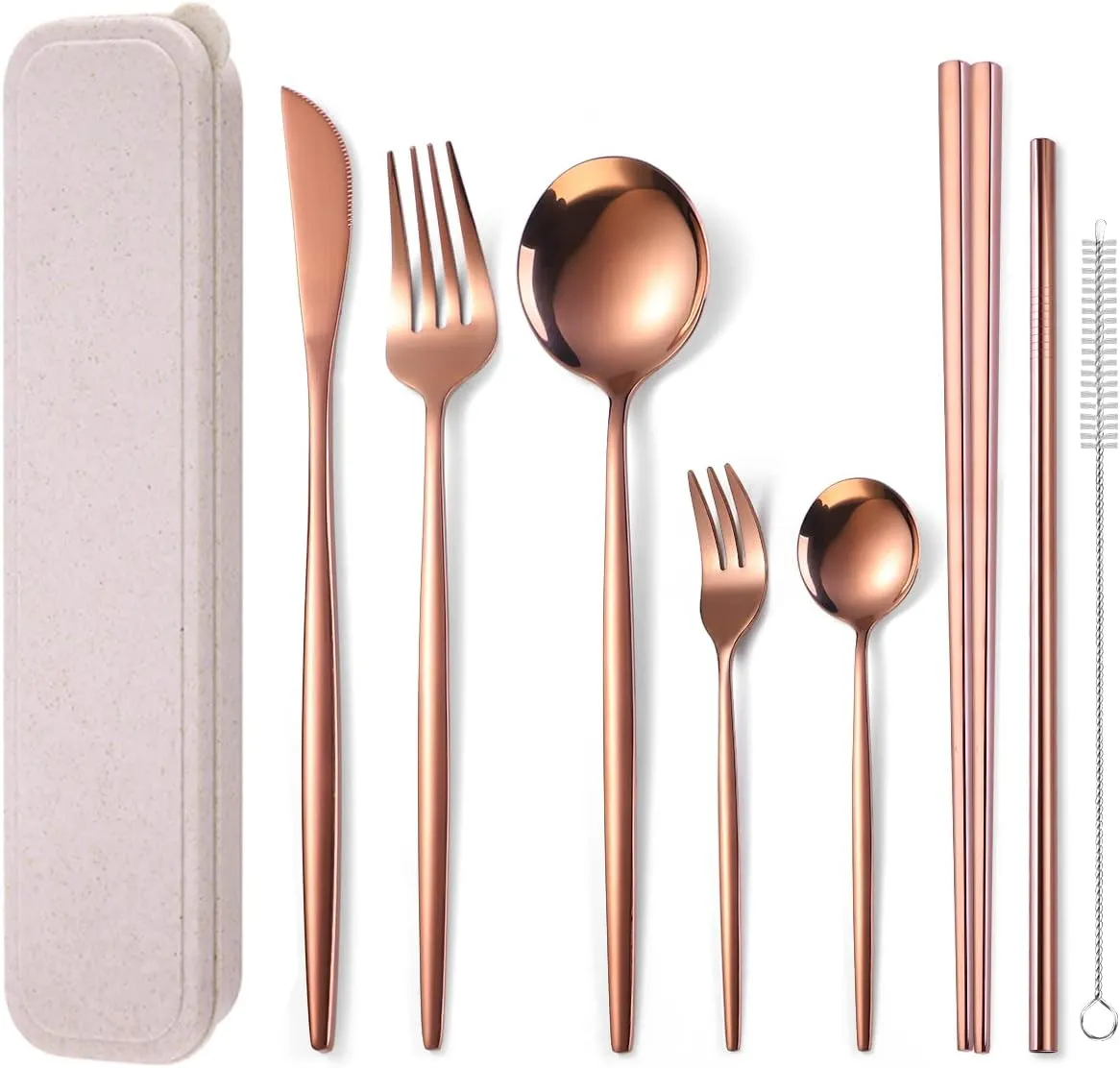 AARAINBOW 8 Pieces Stainless Steel Flatware Set Portable Reusable Cutlery Set Travel Utensils Set Including Chopsticks Knife Fork Spoon Straws Cleaning Brush Dishwasher Safe (Rose Golden)