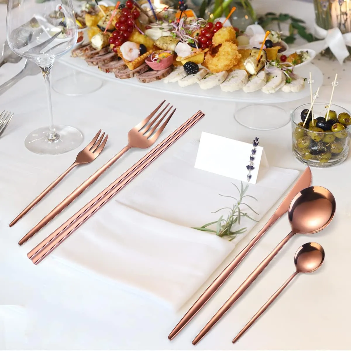 AARAINBOW 8 Pieces Stainless Steel Flatware Set Portable Reusable Cutlery Set Travel Utensils Set Including Chopsticks Knife Fork Spoon Straws Cleaning Brush Dishwasher Safe (Rose Golden)