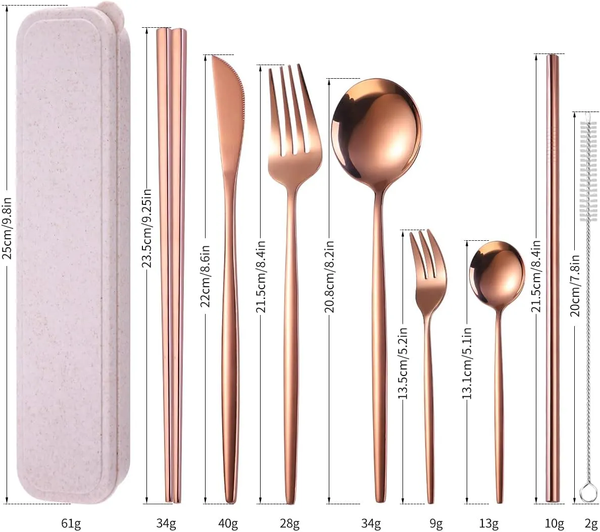 AARAINBOW 8 Pieces Stainless Steel Flatware Set Portable Reusable Cutlery Set Travel Utensils Set Including Chopsticks Knife Fork Spoon Straws Cleaning Brush Dishwasher Safe (Rose Golden)