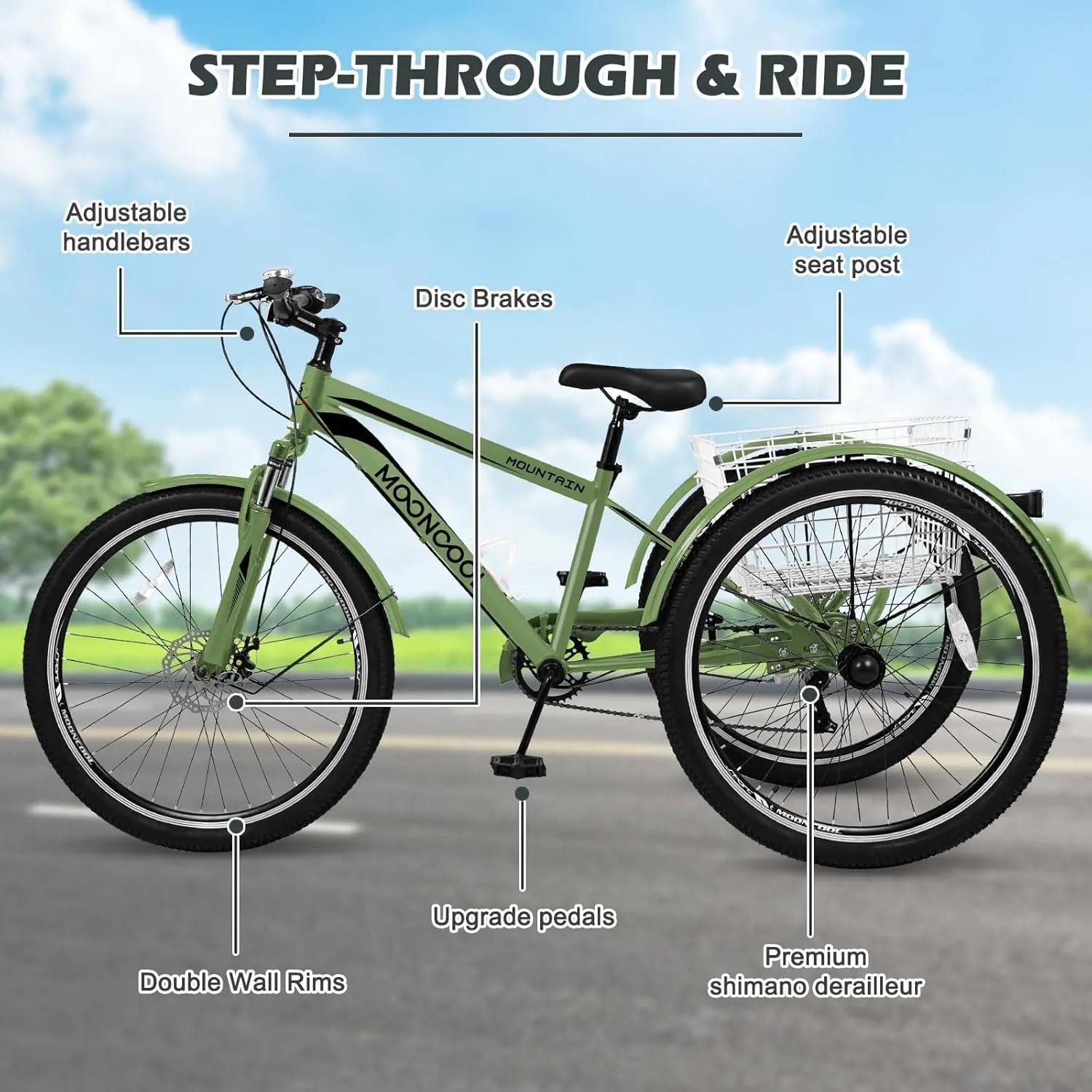 ABORON Adult Mountain Tricycle, 7-Speed 3-Wheel Mountain Bikes 24/26/27.5inch Available, Front Suspension, Disc Brake