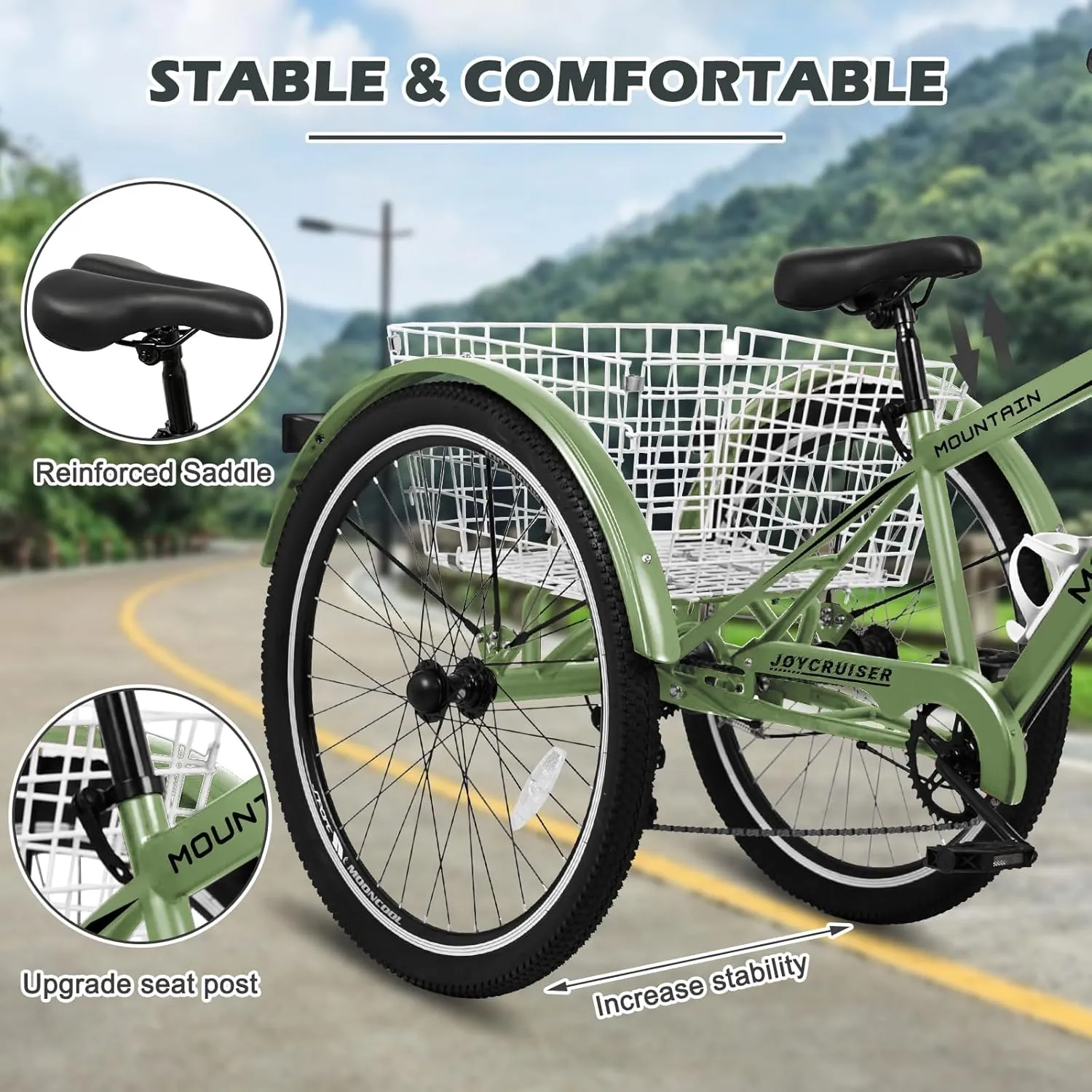 ABORON Adult Mountain Tricycle, 7-Speed 3-Wheel Mountain Bikes 24/26/27.5inch Available, Front Suspension, Disc Brake