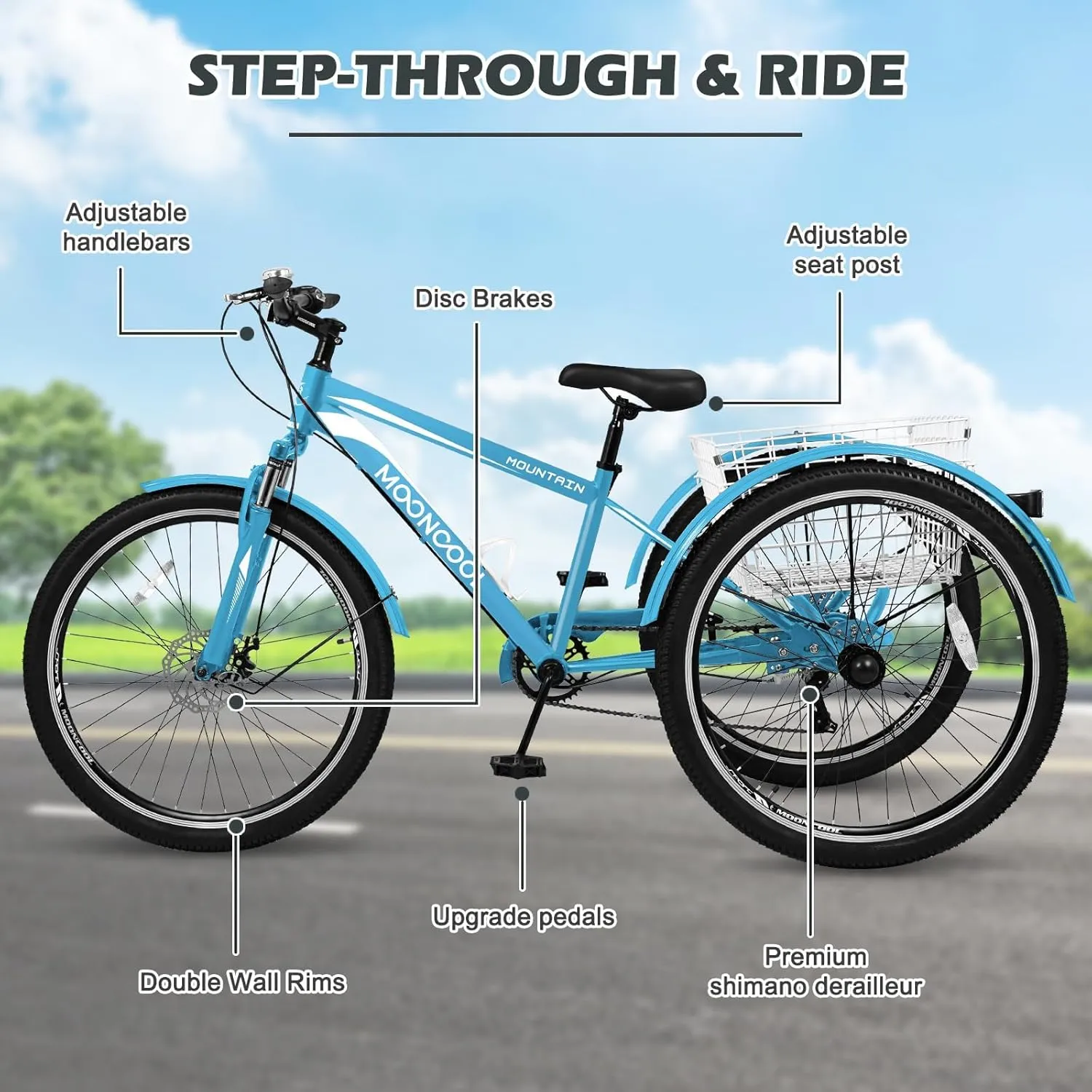 ABORON Adult Mountain Tricycle, 7-Speed 3-Wheel Mountain Bikes 24/26/27.5inch Available, Front Suspension, Disc Brake