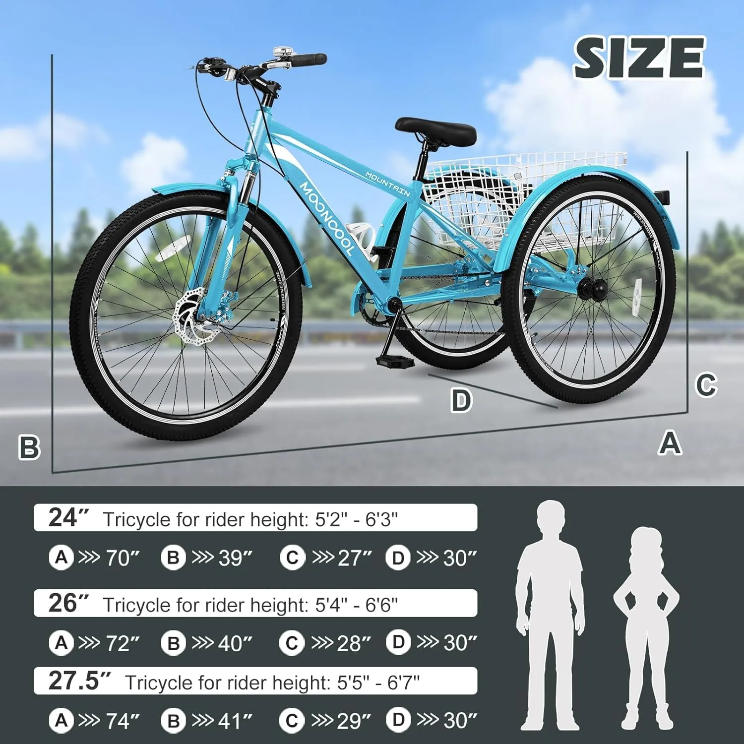 ABORON Adult Mountain Tricycle, 7-Speed 3-Wheel Mountain Bikes 24/26/27.5inch Available, Front Suspension, Disc Brake