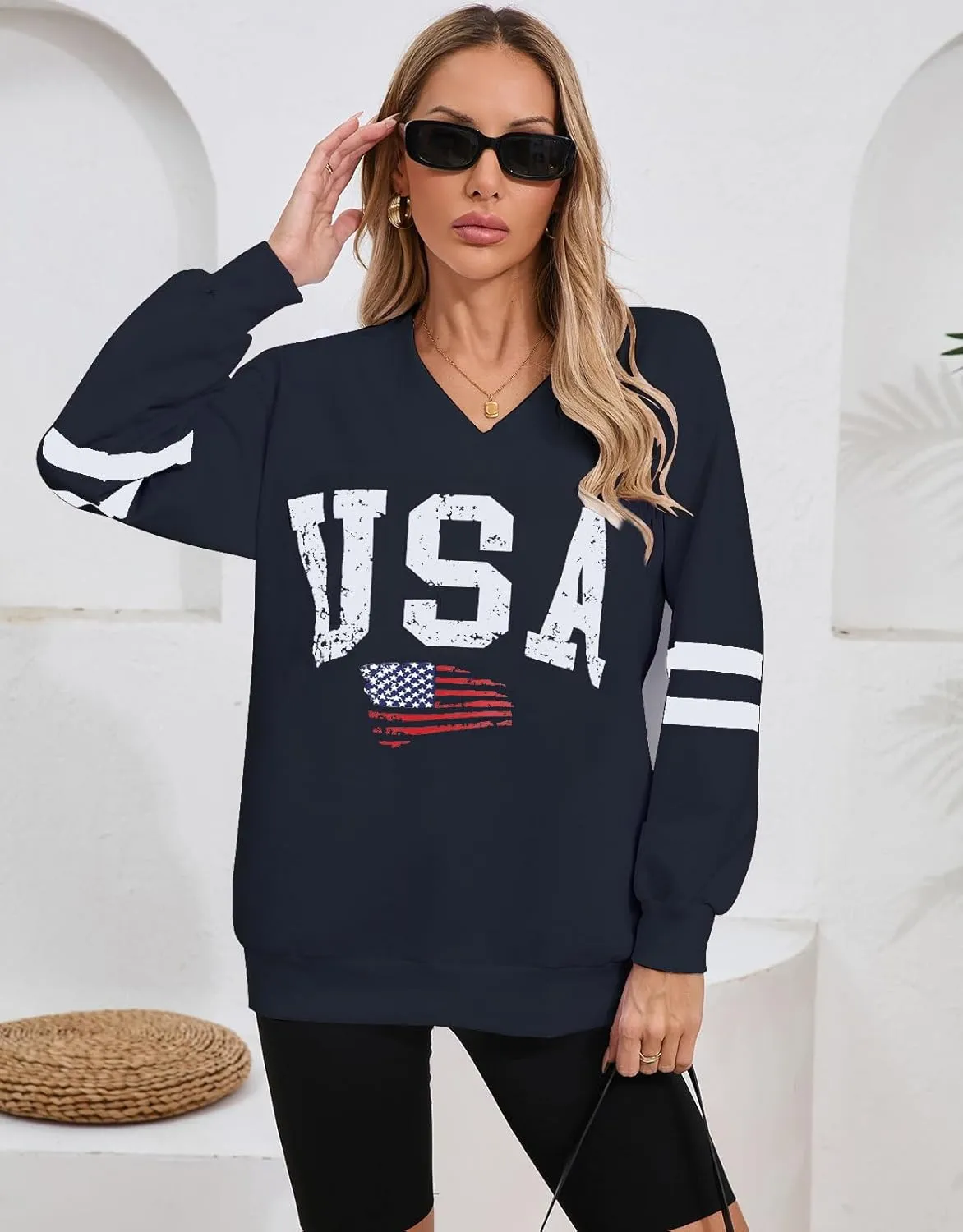 Alsol Lamesa Womens American Flag Sweatshirts Long Sleeve V Neck Loose 4th of July Outfits Flag Tops