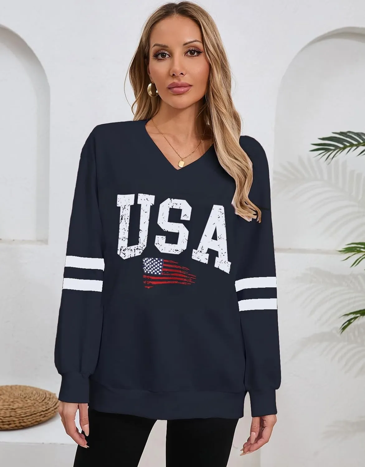 Alsol Lamesa Womens American Flag Sweatshirts Long Sleeve V Neck Loose 4th of July Outfits Flag Tops