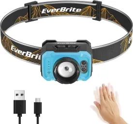EverBrite Headlamp Flashlight, Super Bright LED Rechargeable Headlight with 4 Modes, Waterproof Head Lamp with Spotlight & Floodlight, 75 Adjustable for Camping, Running-Blue