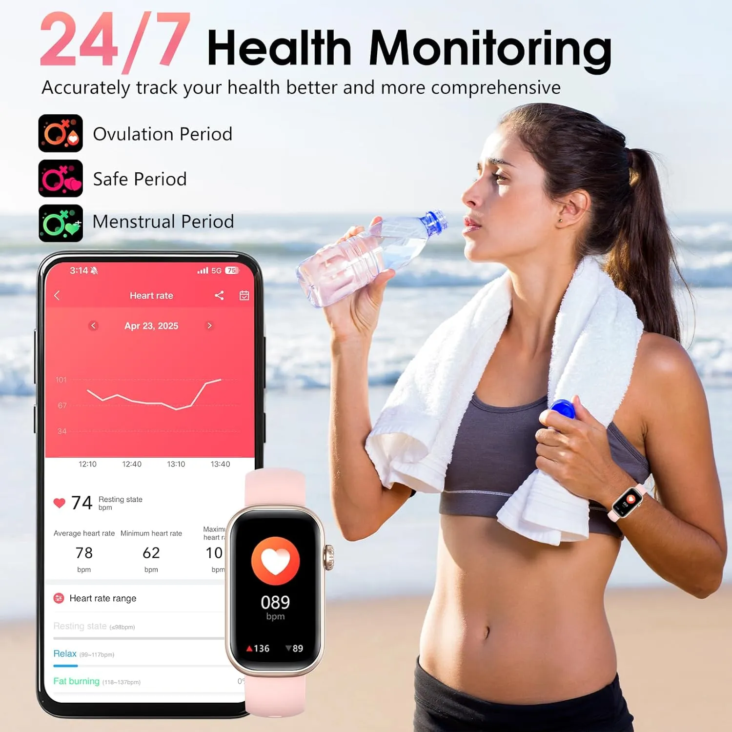 Fitness Tracker, Smart Watch with 24/7 Dynamic Heart Rate Blood Oxygen Monitoring Sleep Tracker Answer / Make Call 24 Sports Modes Pedometer IP68 Waterproof Step Calorie Counter for Women Men (Pink)