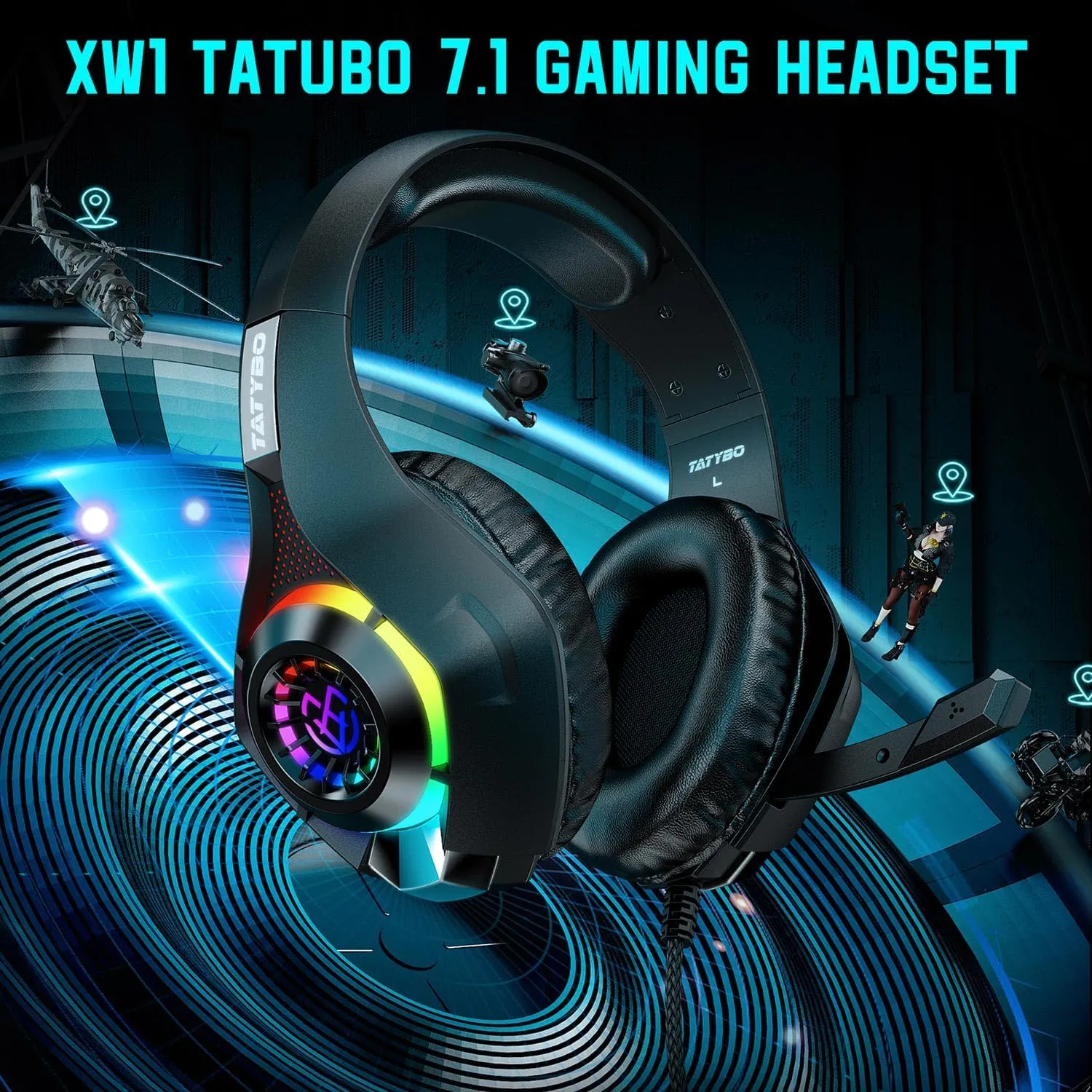 Gaming Headset for PS4 PS5 Xbox One PC, Over-Ear Gaming Headphones with Surround Sound, Noise Canceling Mic, RGB Light