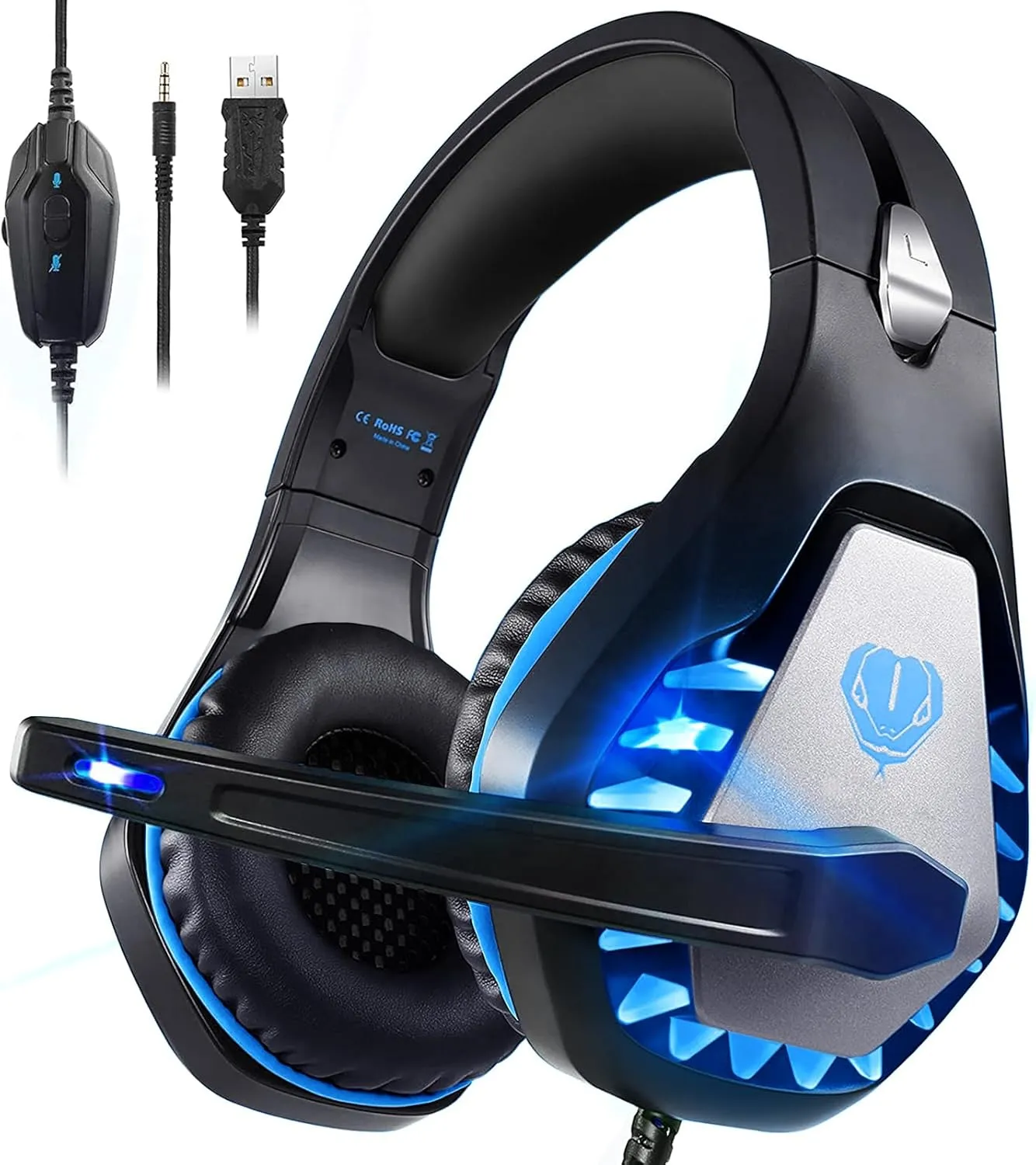 Gaming Headset with Microphone for PC, PS4, PS5, Headset Noise Cancelling Gaming Headphones for Switch, Laptop, Mac, Xbox Series X/S, Headphones with LED Lights, Deep Bass for Kids Adults, Deep Black