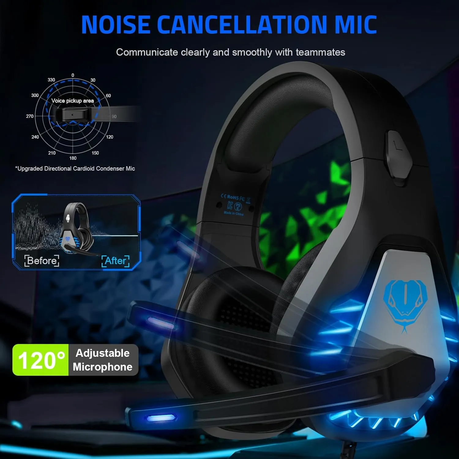 Gaming Headset with Microphone for PC, PS4, PS5, Headset Noise Cancelling Gaming Headphones for Switch, Laptop, Mac, Xbox Series X/S, Headphones with LED Lights, Deep Bass for Kids Adults, Deep Black