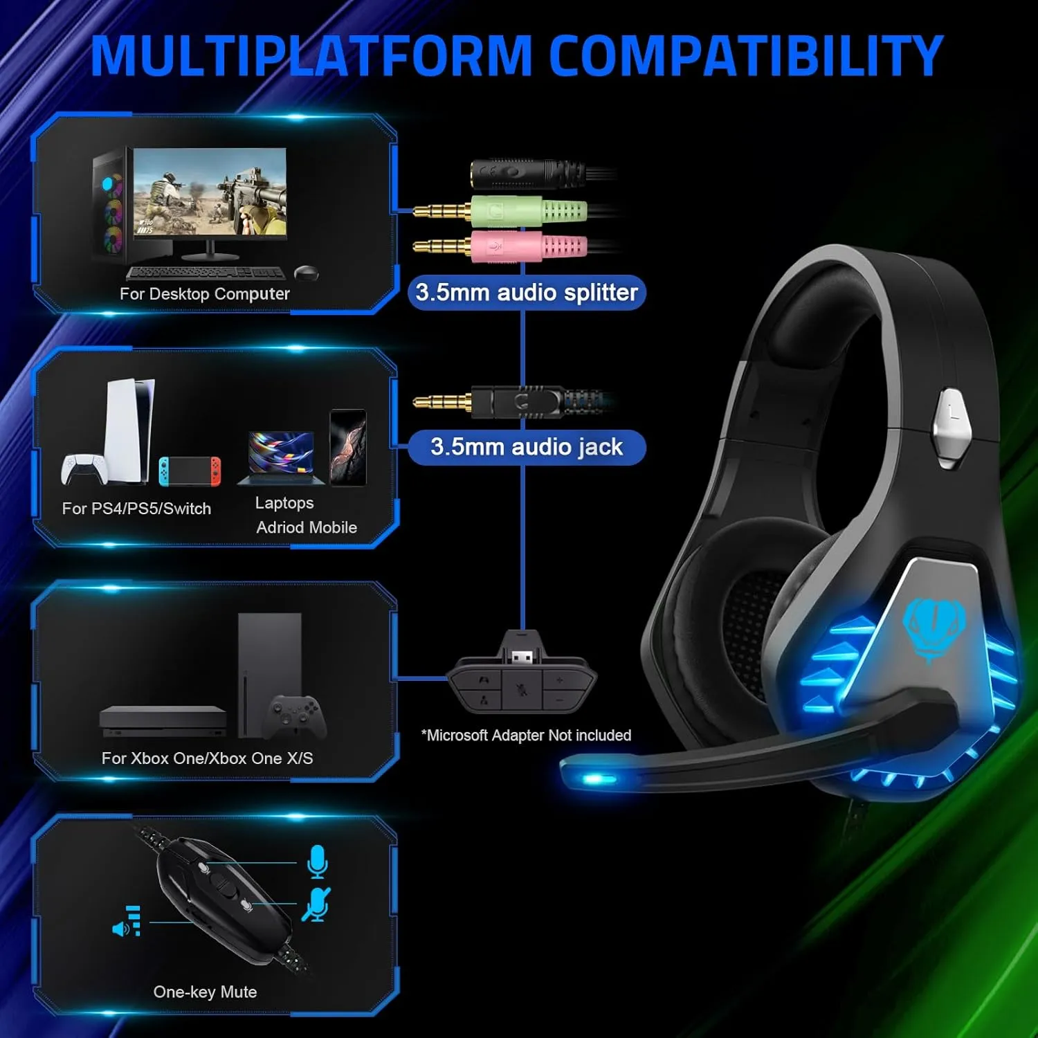 Gaming Headset with Microphone for PC, PS4, PS5, Headset Noise Cancelling Gaming Headphones for Switch, Laptop, Mac, Xbox Series X/S, Headphones with LED Lights, Deep Bass for Kids Adults, Deep Black