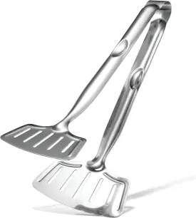 Grip Right Turner Tongs  Kitchen Discovery  Dual Spatulas for Safe Lifting of Fish, Burgers, Pancakes, Cutlets  Stainless Steel Barbecue Tongs for Easy Flipping
