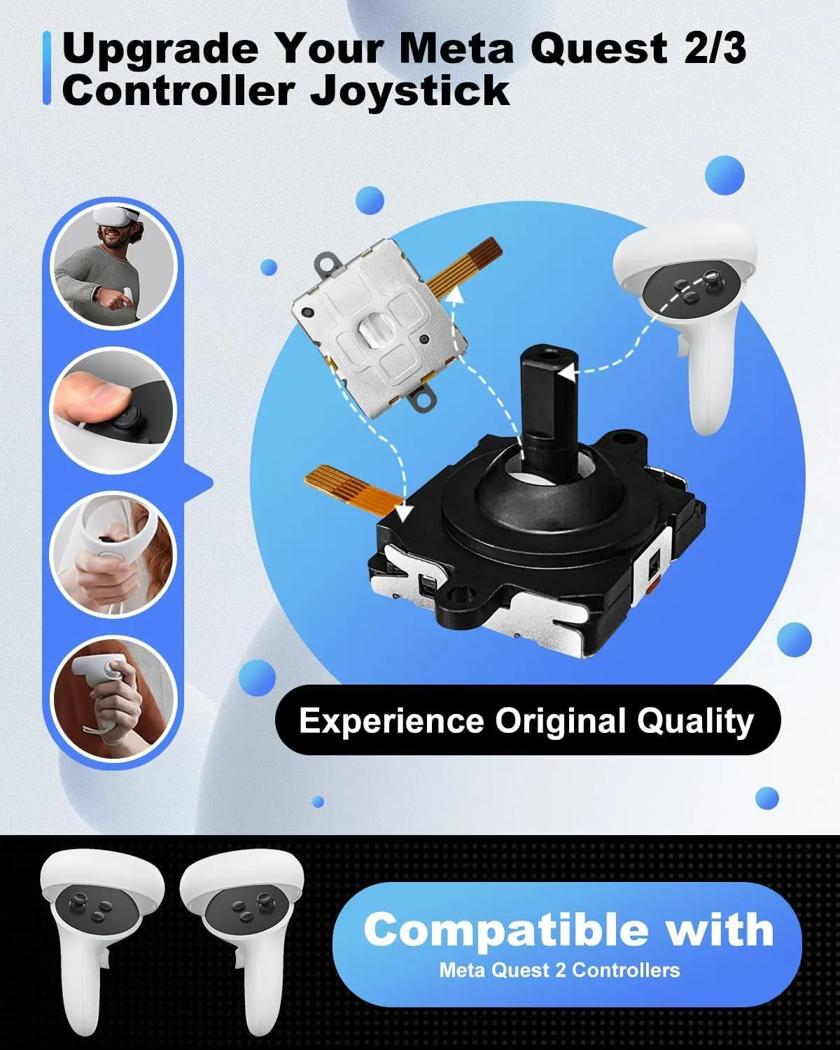 Joystick Replacement Kit for Oculus Quest 2 Controller, Repair Kit for Meta Quest 3 Controller, Include 2 Joysticks, T5 Screwdriver, Tweezer, Pry Tool, 4 Thumbstick Grips (Gray-13-in one)
