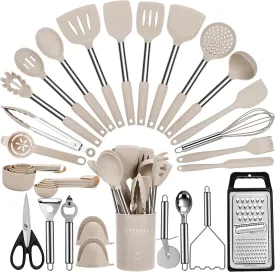 Large Cooking Utensils Set, 35 Pcs Spatula Set with Holder, Silicone Kitchen Utensils Set with Stainless Steel Handle, Cheese Grater, Ice Cream Scoop, Pizza Cutter Kitchen Gadgets (Khaki)