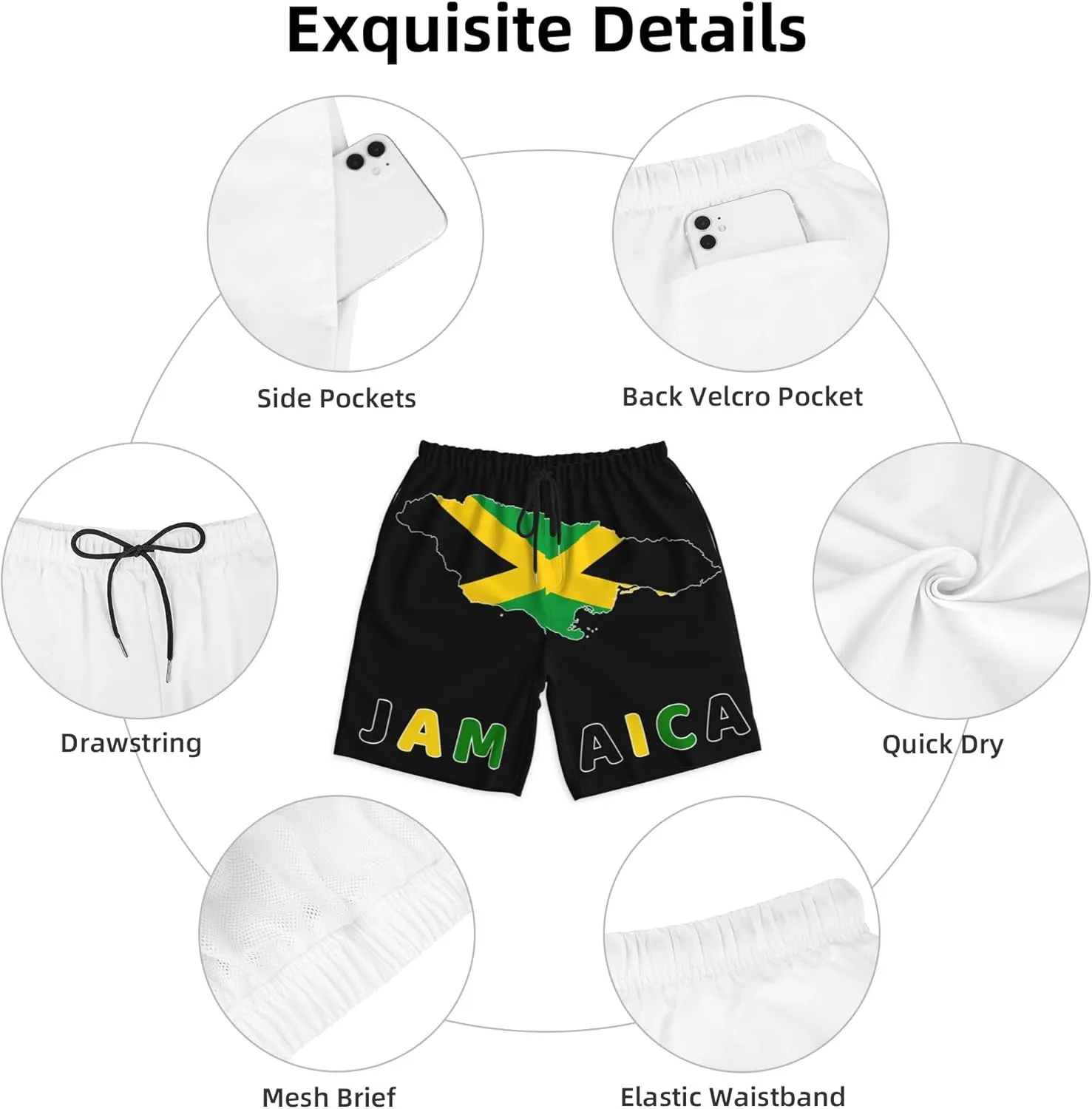 Mens Jamaica Swim Trunks Jamaican Flag Trunk Beach Shorts Quick Dry Board Shorts Summer Party Shorts Pockets Mesh