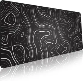 Minimalist Topographic Map Mouse Pad - Contour Extended Large Stitch Edge Mousepad. Black & White Non-Slip XL Gaming Desk Mat