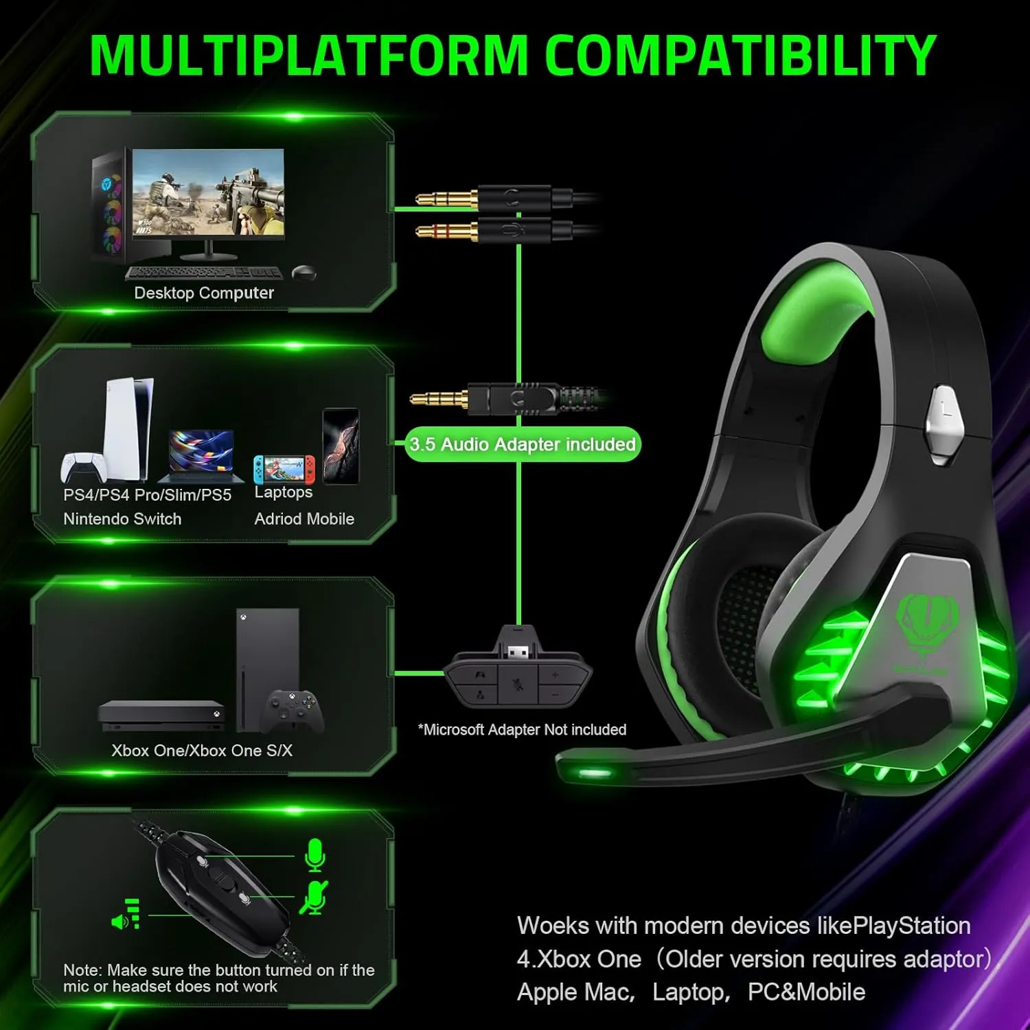 Pacrate Gaming Headset with Microphone for PC, PS4, PS5, Switch, Xbox Series X/S, Noise Cancelling Gaming Headphones with LED Lights for Kids Adults, Black Green
