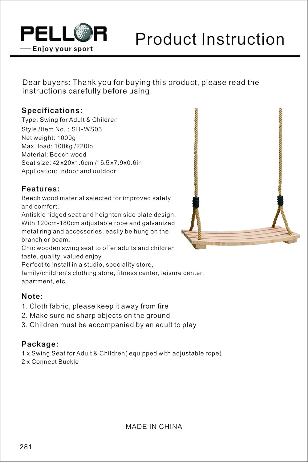 PELLOR Beech Wood Tree Swing Seat Hanging Swing Seat 16.5"x 7.9"x 0.6", Adjustable Rope Tree Swings Set for Kids Children Swings Chair Indoor and Outdoor Garden Play
