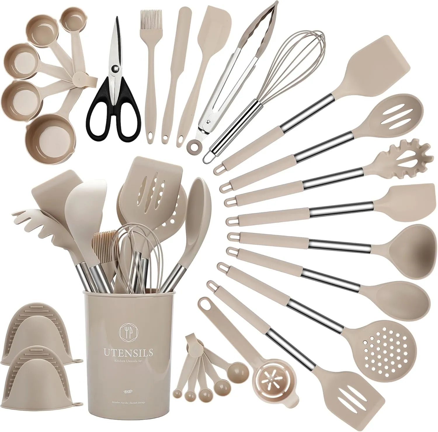QMVESS Silicone Cooking Utensils Set, 28 Pcs Non-Stick Kitchen Utensils Set with Holder, 446F Heat Resistant Spatula, Tongs, Spoons Set with Stainless Steel Handle Kitchen Gadgets (Khaki)