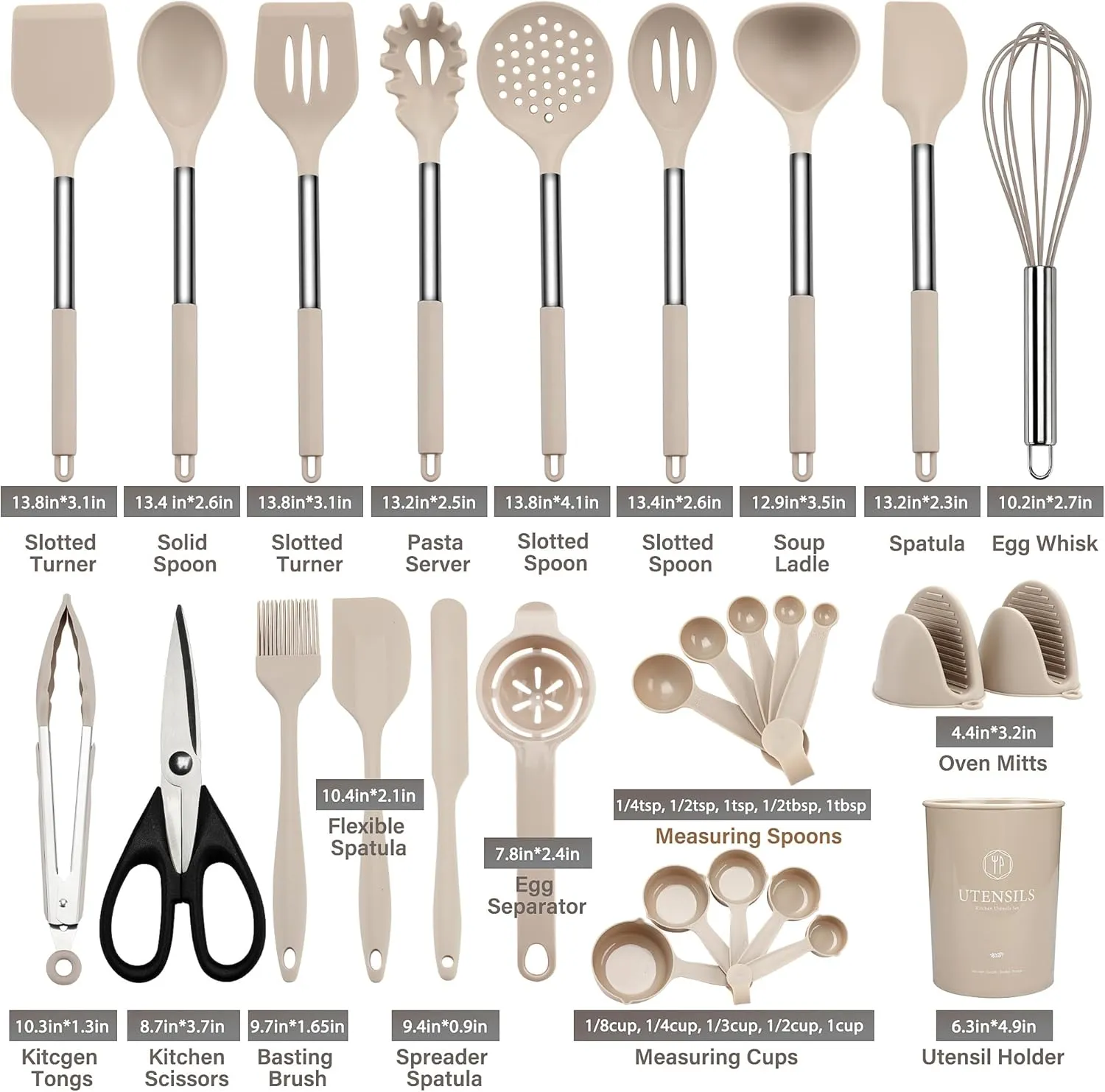 QMVESS Silicone Cooking Utensils Set, 28 Pcs Non-Stick Kitchen Utensils Set with Holder, 446F Heat Resistant Spatula, Tongs, Spoons Set with Stainless Steel Handle Kitchen Gadgets (Khaki)