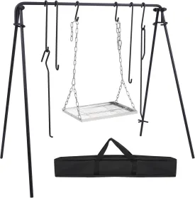 REDCAMP Grill Swing Campfire Grill Stand with Stainless Steel Grill Grate,Collapsible Campfire Cooking Rack w/6 Hooks,Portable Cookware Hanging Rack Camping Bonfire for Cookware&Dutch Oven,Rectangle
