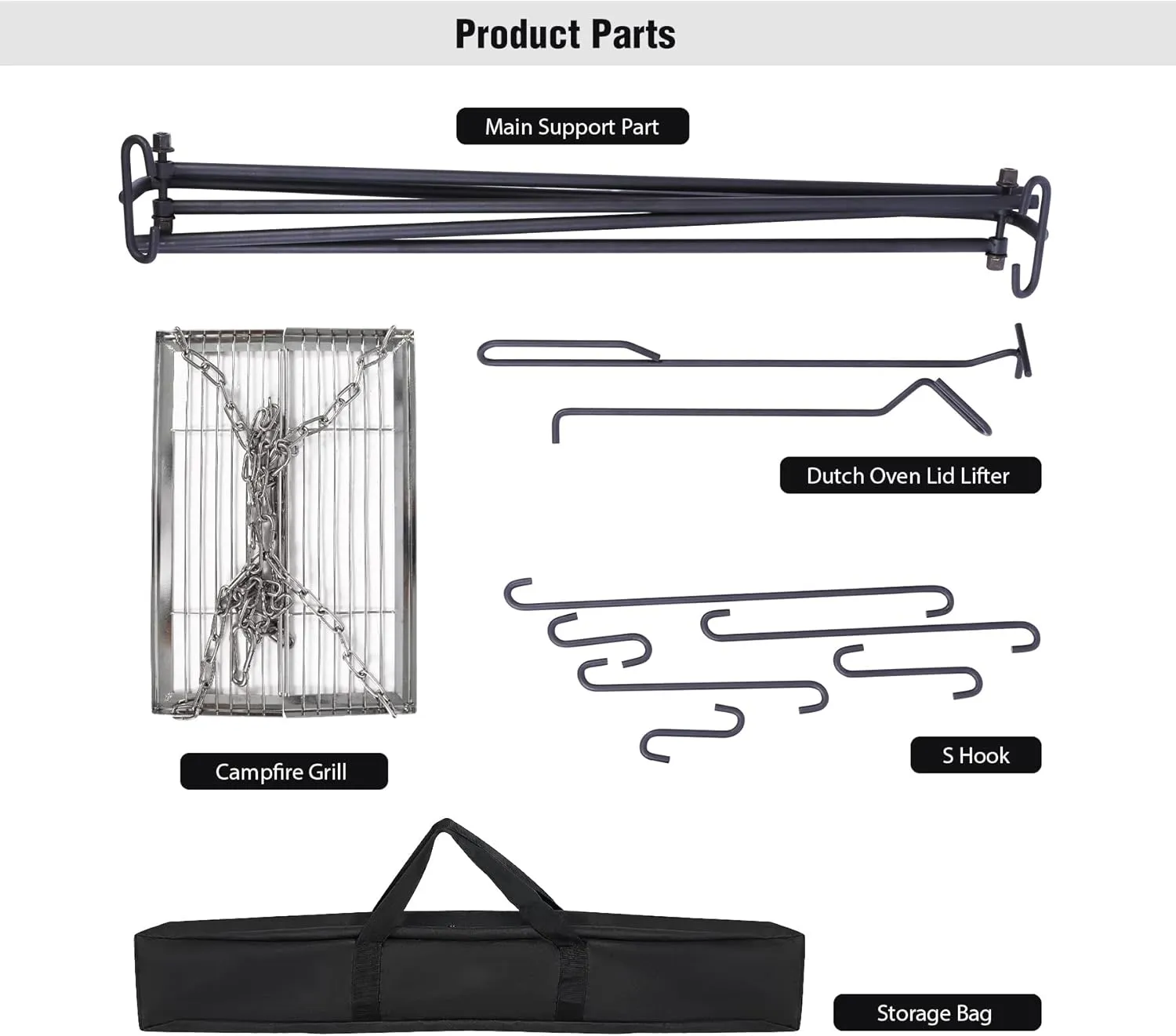 REDCAMP Grill Swing Campfire Grill Stand with Stainless Steel Grill Grate,Collapsible Campfire Cooking Rack w/6 Hooks,Portable Cookware Hanging Rack Camping Bonfire for Cookware&Dutch Oven,Rectangle
