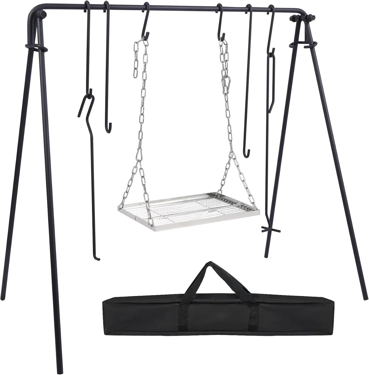 REDCAMP Grill Swing Campfire Grill Stand with Stainless Steel Grill Grate,Collapsible Campfire Cooking Rack w/6 Hooks,Portable Cookware Hanging Rack Camping Bonfire for Cookware&Dutch Oven,Rectangle