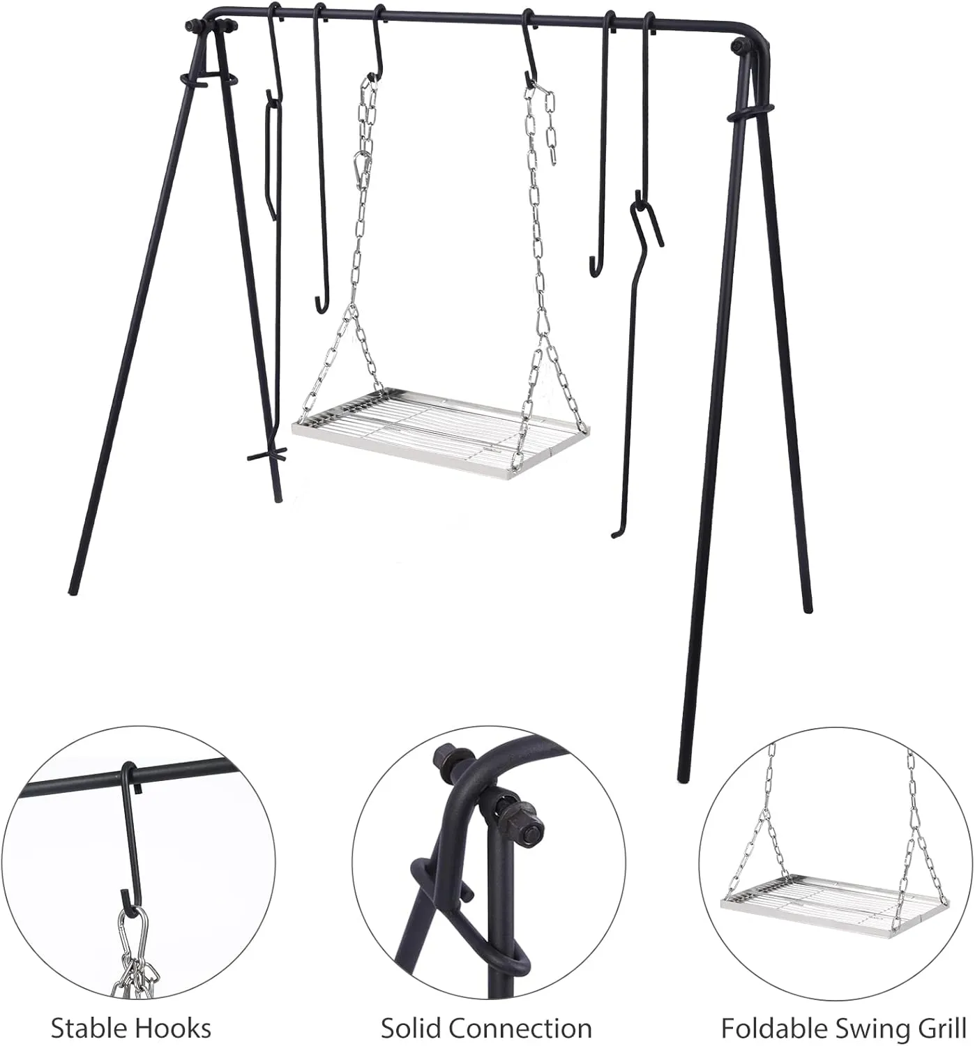REDCAMP Grill Swing Campfire Grill Stand with Stainless Steel Grill Grate,Collapsible Campfire Cooking Rack w/6 Hooks,Portable Cookware Hanging Rack Camping Bonfire for Cookware&Dutch Oven,Rectangle
