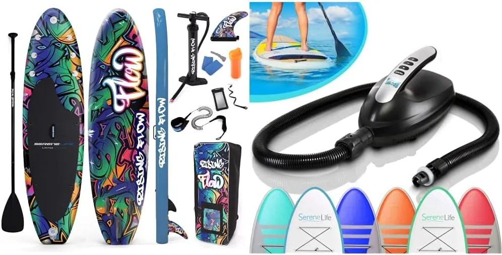 SereneLife Inflatable Stand Up Paddle Boardwith Premium SUP Accessories & Carry Bag | Wide Stance & Serene Life Digital Electric Air Pump Compressor - 110W 12 Volt Quick Air Inflator w/LCD- SLPUMP20