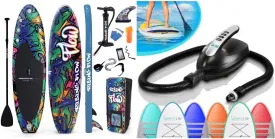 SereneLife Inflatable Stand Up Paddle Boardwith Premium SUP Accessories & Carry Bag | Wide Stance & Serene Life Digital Electric Air Pump Compressor - 110W 12 Volt Quick Air Inflator w/LCD- SLPUMP20