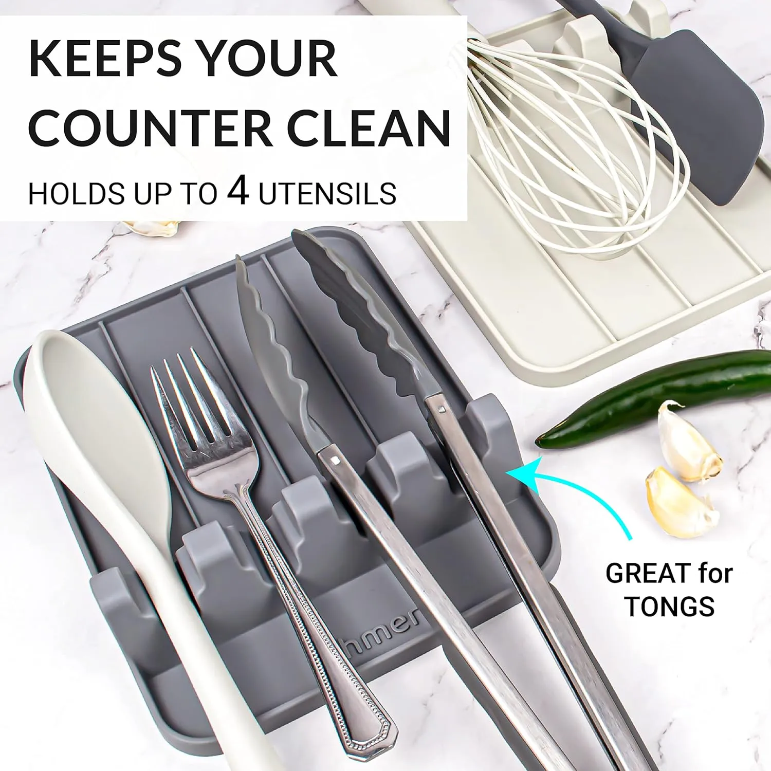 Silicone Utensil Rest and Spoon Holder, Heat Resistant Kitchen Spoon Rest for Multiple Utensils, Dishwasher Safe Drip Pad for Spatulas, Tongs, Ladles, and Spoons (Cool Gray)