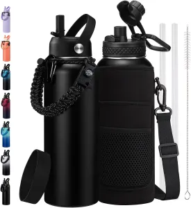 Stainless Steel Water Bottle 40oz with Straw & Auto Spout Lids, Paracord Handle, Protective Boot, Insulated Water Bottle Carrier Bag, Keep Cold-48H & Hot-24H Metal Flask Canteen Bottle