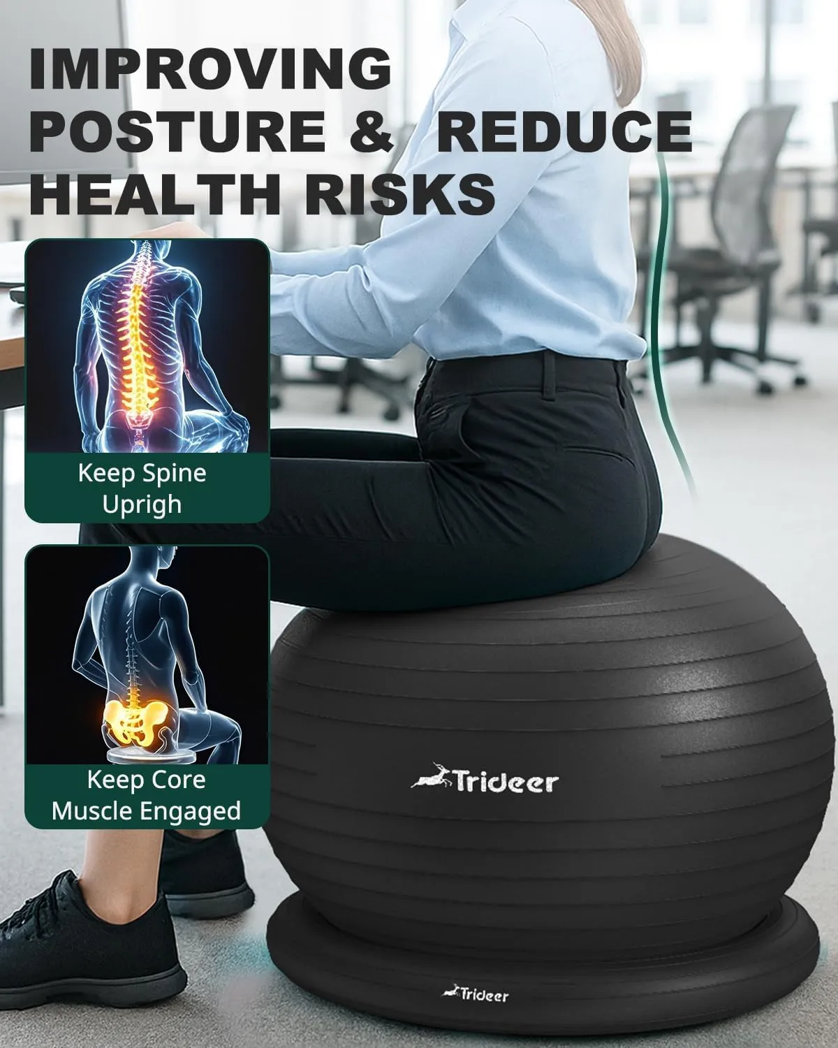 Trideer Yoga Ball Chair with Base - Stability & Fitness Ball Seat for Home Office, Pregnancy & Workout