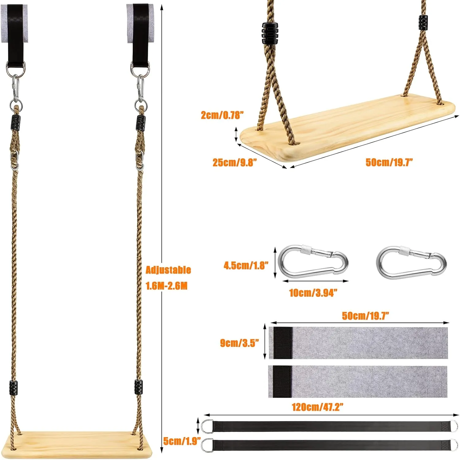 Wooden Swing Hanging Tree Swings, Wood Swings Seat 19.7 * 9.8in to Kids Children with Adjustable Rope Plus Tree Straps for Backyard, Playground, Porch, Patio, Garden, Park or Home