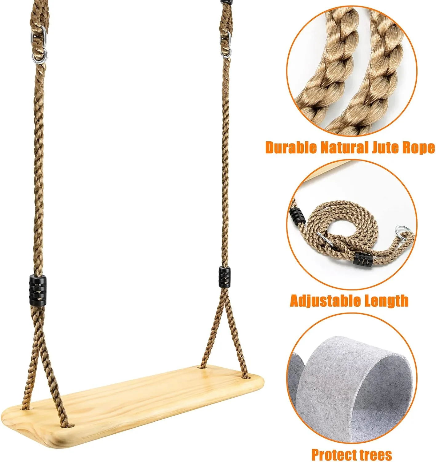 Wooden Swing Hanging Tree Swings, Wood Swings Seat 19.7 * 9.8in to Kids Children with Adjustable Rope Plus Tree Straps for Backyard, Playground, Porch, Patio, Garden, Park or Home